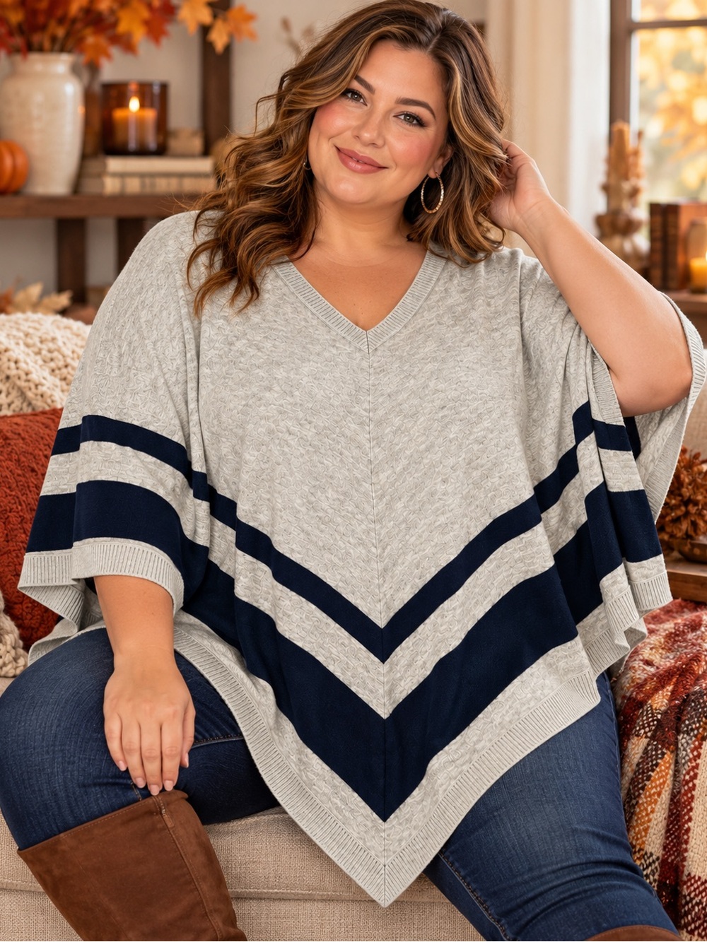 Gray and Navy Chevron V‑Neck Poncho Sweater Wool Cotton Blend crown & ivy OS